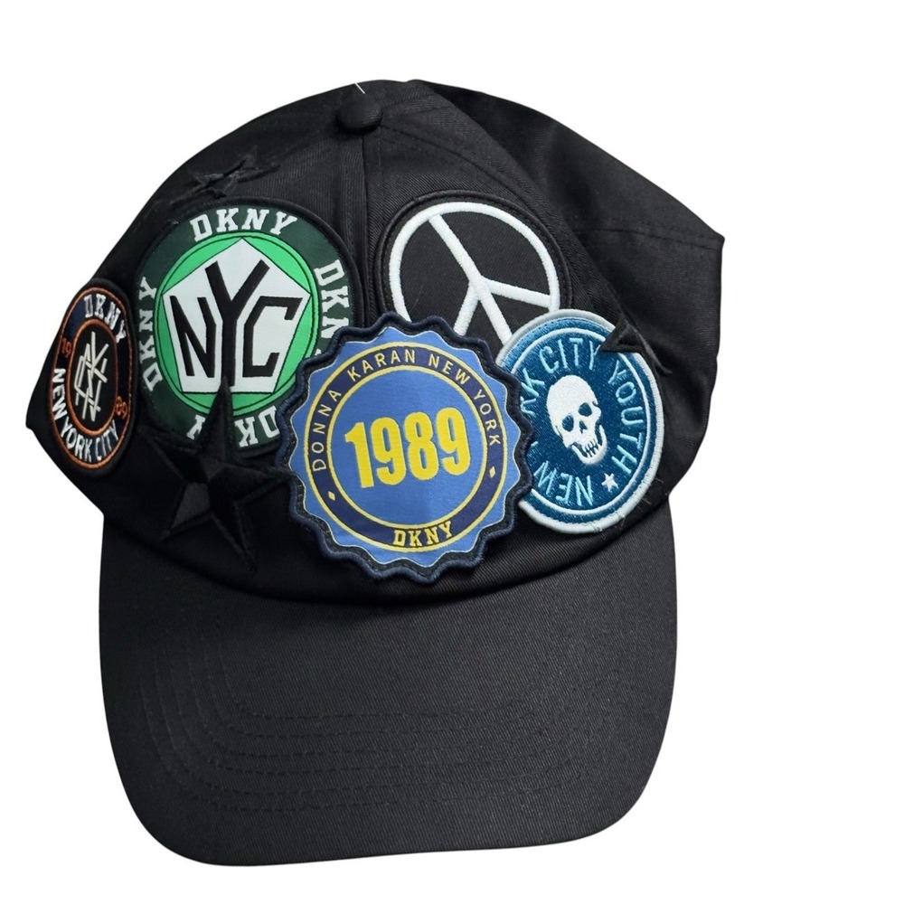 DKNY Donna Karen Patches 1989 Peace Skull Star New York City Strapback Black Hat - Picture 2 of 9